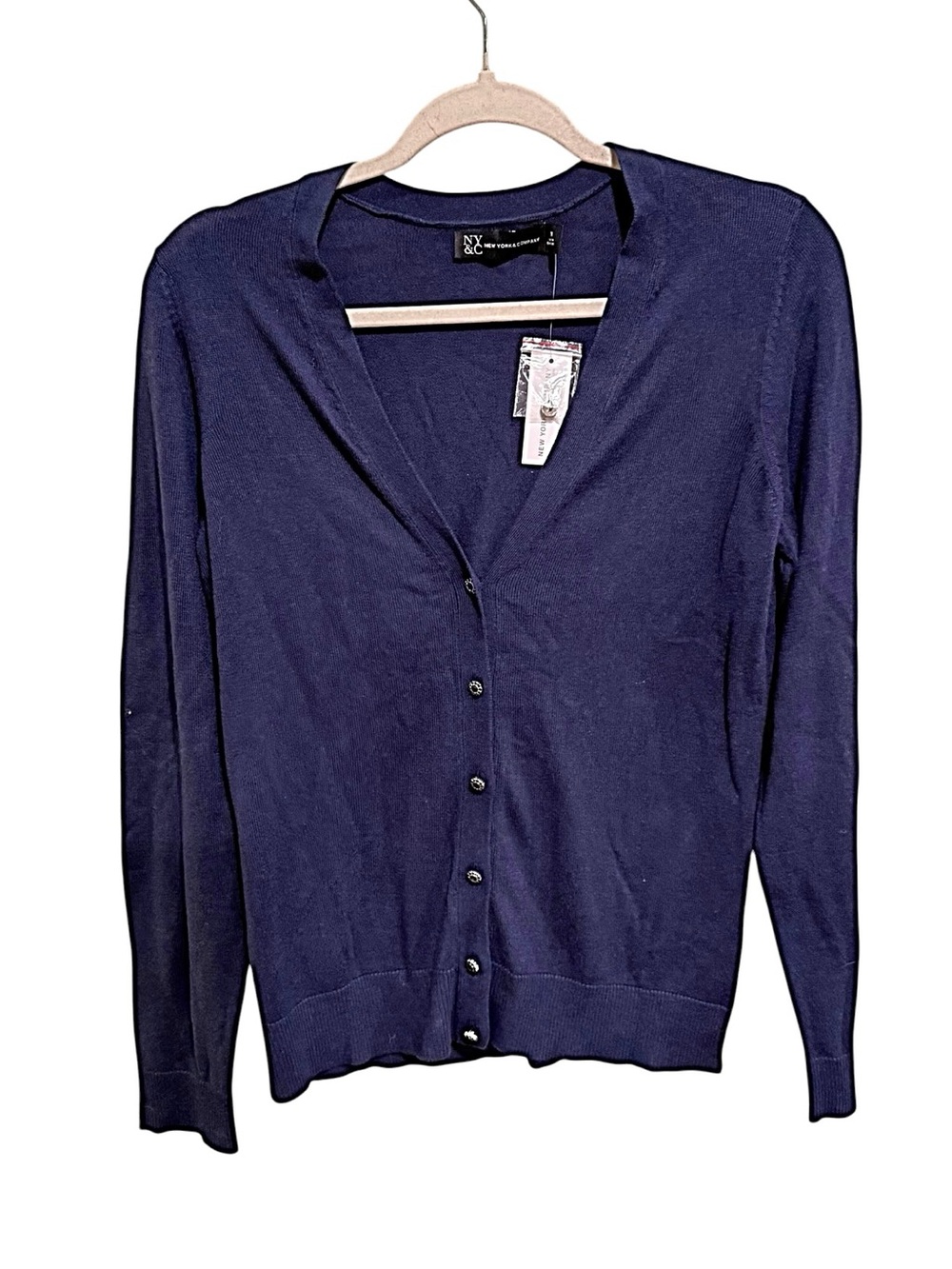 NWT New York & Company Cotton Blend Navy V-Neck Button Cardigan - Size Medium